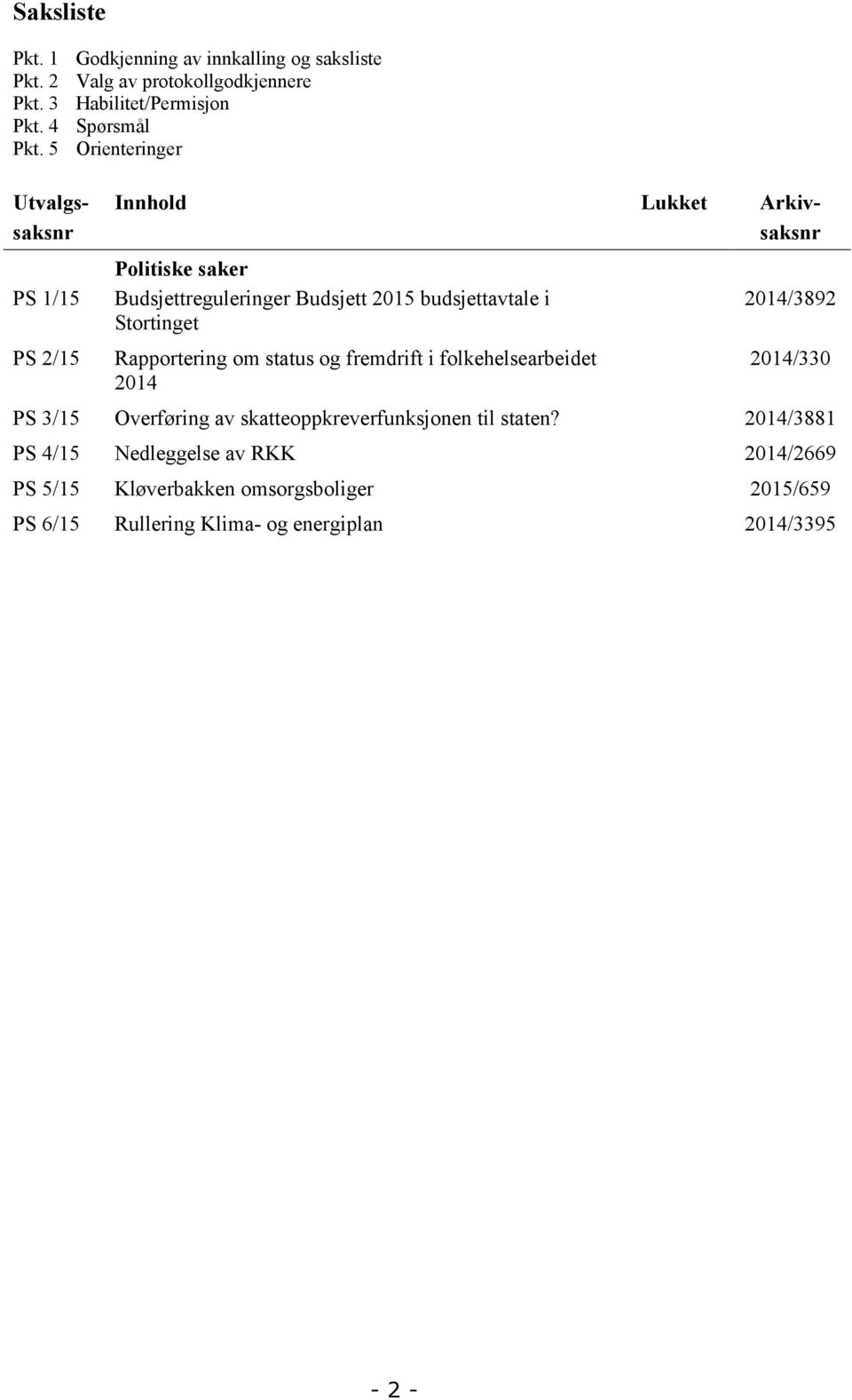 Politiske saker Budsjettreguleringer Budsjett 2015 budsjettavtale i Stortinget Rapportering om status og fremdrift i folkehelsearbeidet 2014