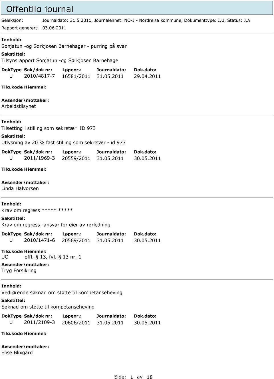 2011 Arbeidstilsynet Tilsetting i stilling som sekretær D 973 tlysning av 20 % fast stilling som sekretær - id 973 2011/1969-3 20559/2011 Linda Halvorsen Krav om