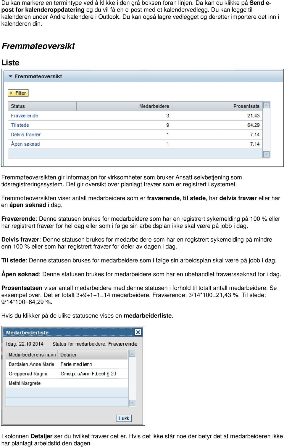 Fremmøteoversikt Liste Fremmøteoversikten gir informasjon for virksomheter som bruker Ansatt selvbetjening som tidsregistreringssystem.