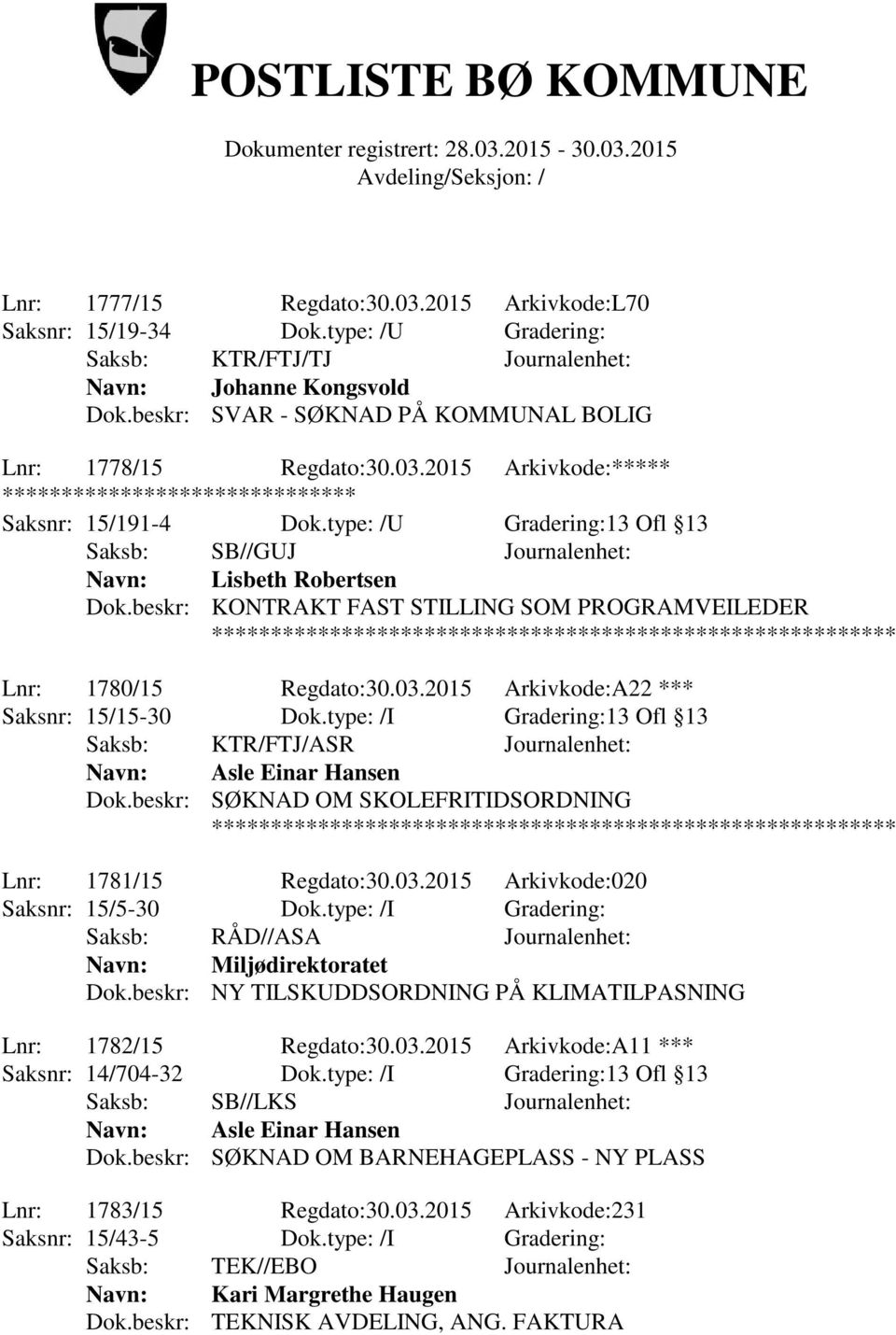 type: /U Gradering:13 Ofl 13 Saksb: SB//GUJ Journalenhet: Navn: Lisbeth Robertsen Dok.beskr: KONTRAKT FAST STILLING SOM PROGRAMVEILEDER Lnr: 1780/15 Regdato:30.03.