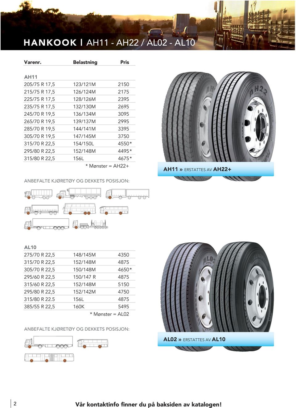 Mønster = AH22+ AH11» ERSTATTES AV AH22+ AL10 275/70 R 22,5 148/145M 4350 315/70 R 22,5 152/148M 4875 305/70 R 22,5 150/148M 4650 * 295/60 R 22,5 150/147 R 4875 315/60 R 22,5