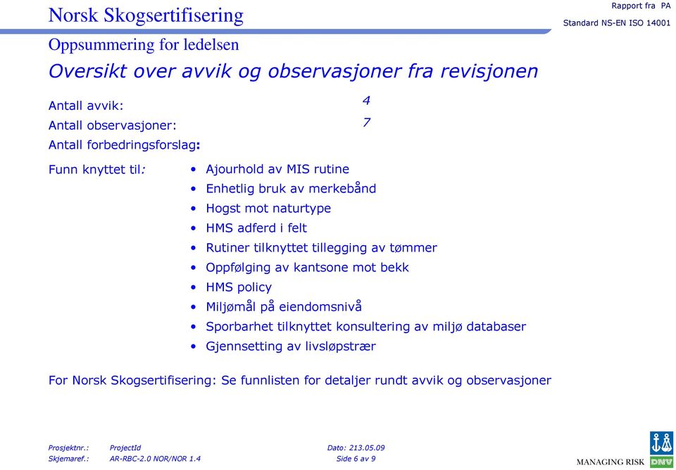 Oppfølging av kantsone mot bekk HMS policy Miljømål på eiendomsnivå Sporbarhet tilknyttet konsultering av miljø databaser Gjennsetting