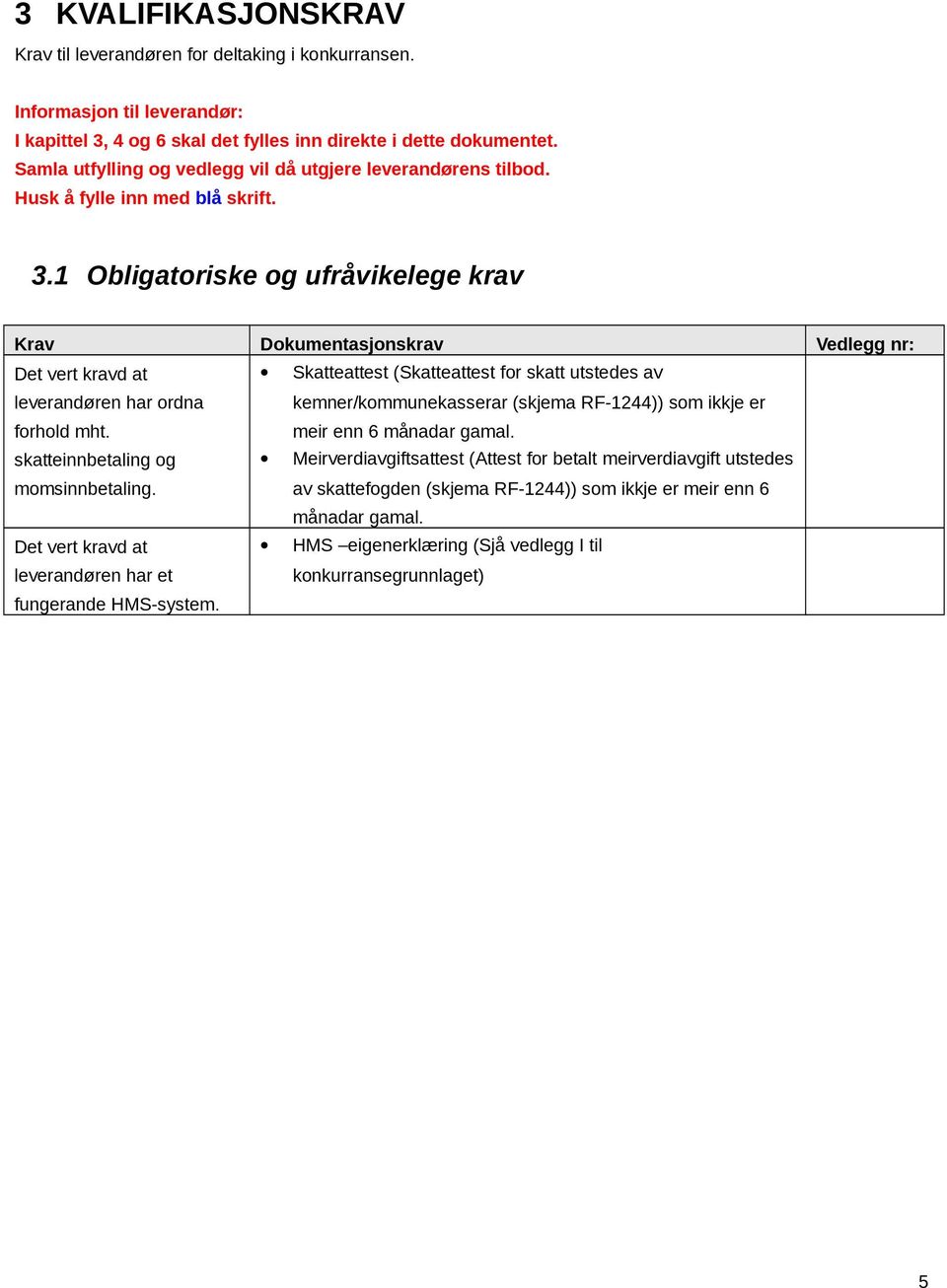 1 Obligatoriske og ufråvikelege krav Krav Dokumentasjonskrav Vedlegg nr: Det vert kravd at leverandøren har ordna forhold mht.