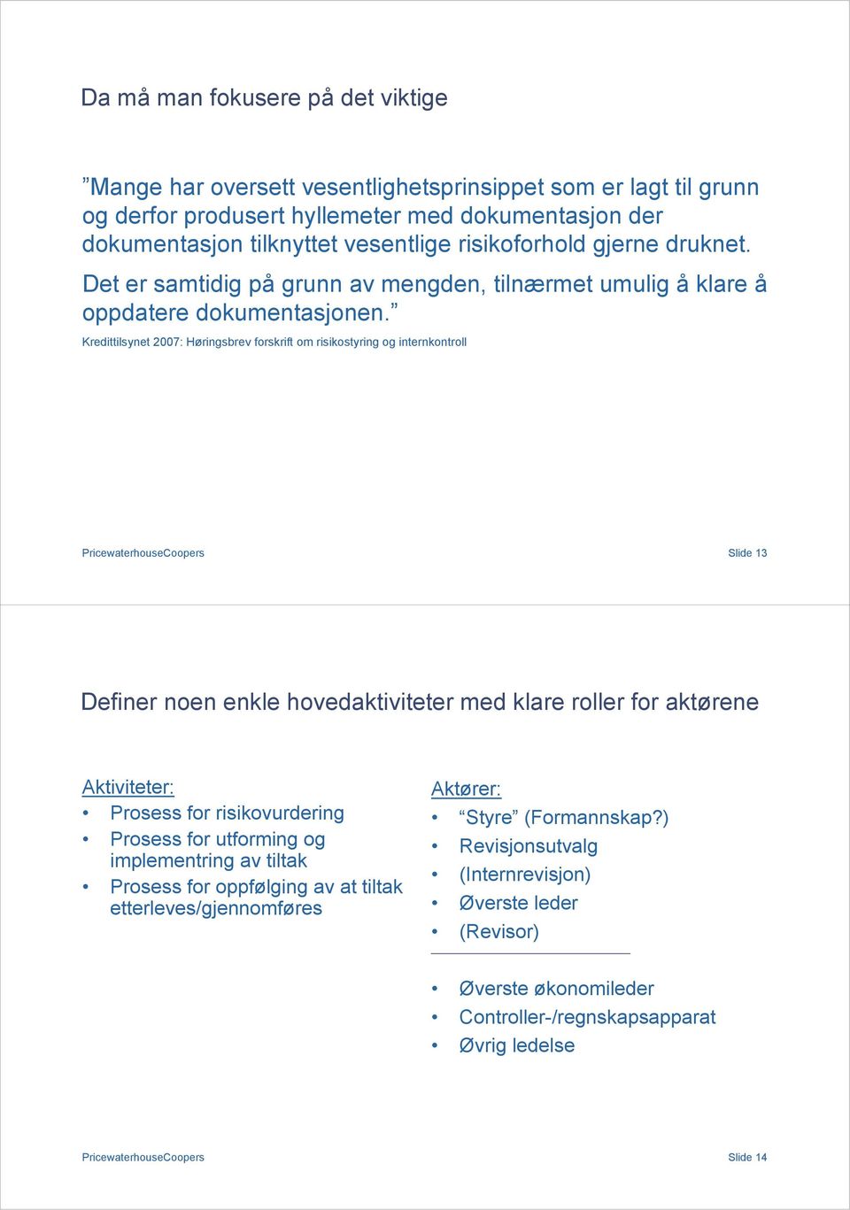 Kredittilsynet 2007: Høringsbrev forskrift om risikostyring og internkontroll Slide 13 Definer noen enkle hovedaktiviteter med klare roller for aktørene Aktiviteter: Prosess for