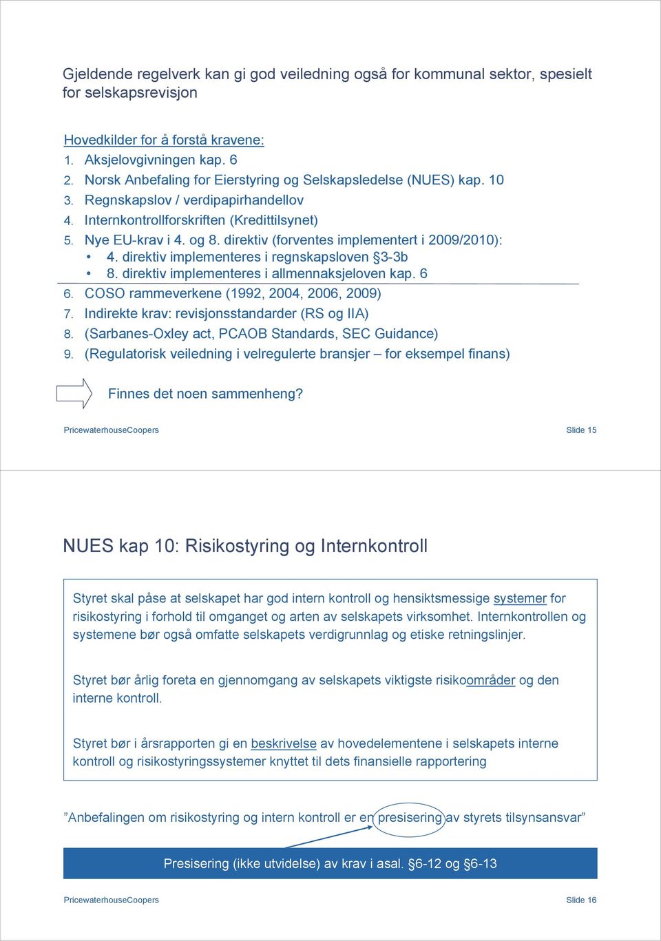 direktiv (forventes implementert i 2009/2010): 4. direktiv implementeres i regnskapsloven 3-3b 8. direktiv implementeres i allmennaksjeloven kap. 6 6. COSO rammeverkene (1992, 2004, 2006, 2009) 7.