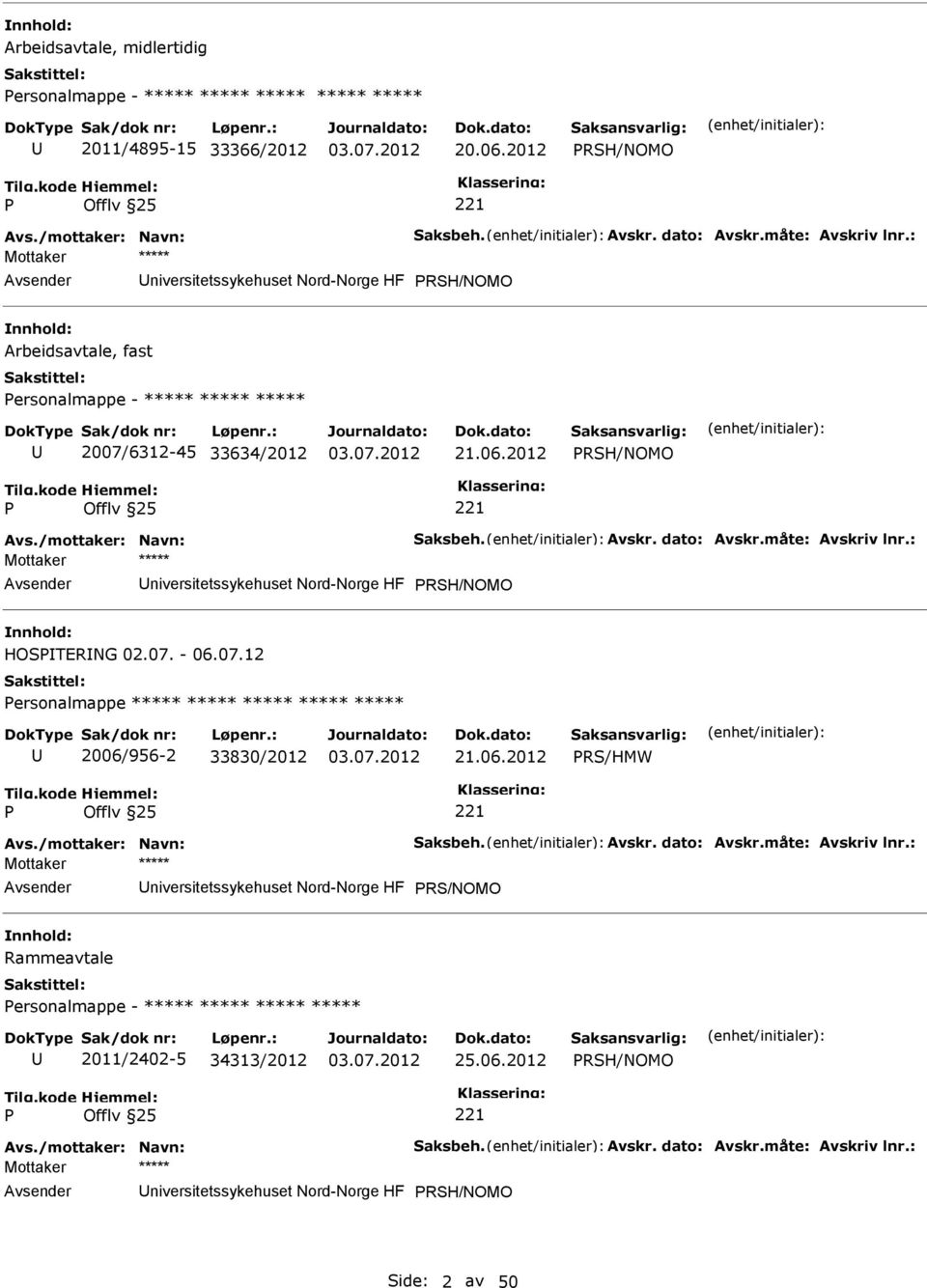 : RSH/NOMO HOSTERNG 02.07. - 06.07.12 ersonalmappe ***** ***** ***** ***** ***** 2006/956-2 33830/2012 21.06.2012 RS/HMW Avs./mottaker: Navn: Saksbeh. Avskr. dato: Avskr.