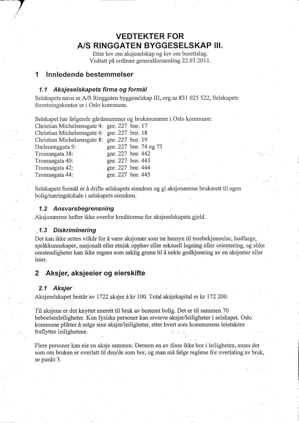 Selskapet har følgende gårdsnummer og bruksnummer i Oslo kommune: Christian Michelsensgate 4: gnr. 227 bnr. 17 Christian Michelsensgate 6: gnr. 227 bm. 18 Christian Michelsensgate 8: gnr. 227 bnr. 19 Dælenenggata 9: gnr.