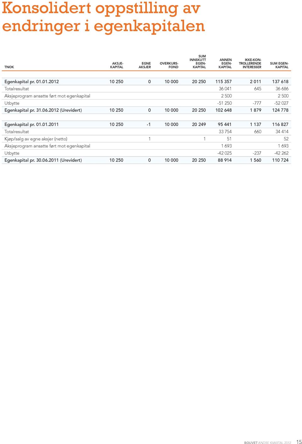 01.2012 10 250 0 10 000 20 250 115 357 2 011 137 618 Totalresultat 36 041 645 36 686 Aksjeprogram ansatte ført mot egenkapital 2 500 2 500 Utbytte -51 250-777 -52 027 Egenkapital pr. 31.06.