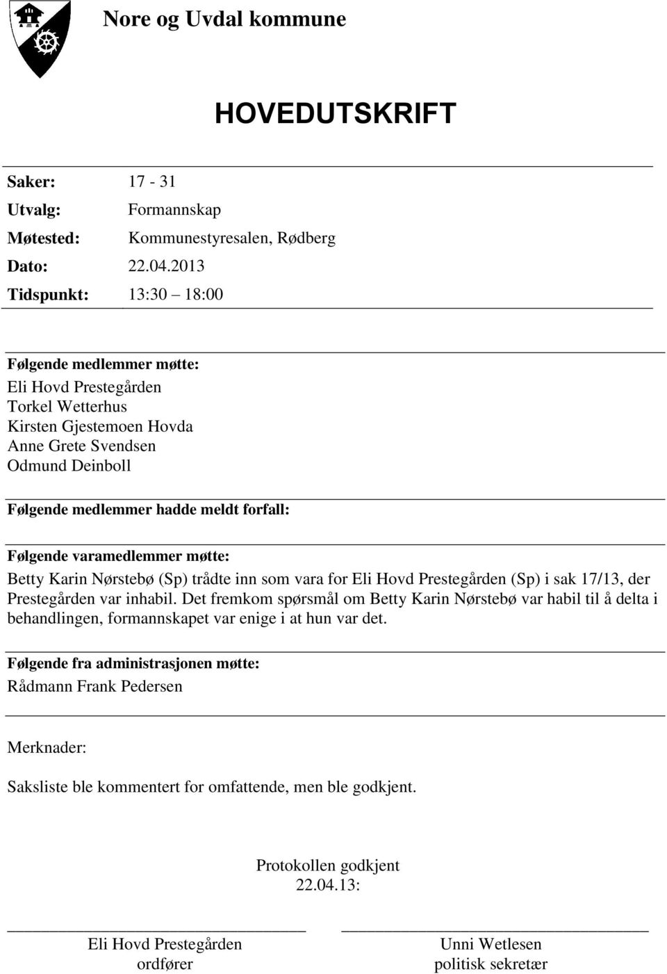 Følgende varamedlemmer møtte: Betty Karin Nørstebø (Sp) trådte inn som vara for Eli Hovd Prestegården (Sp) i sak 17/13, der Prestegården var inhabil.