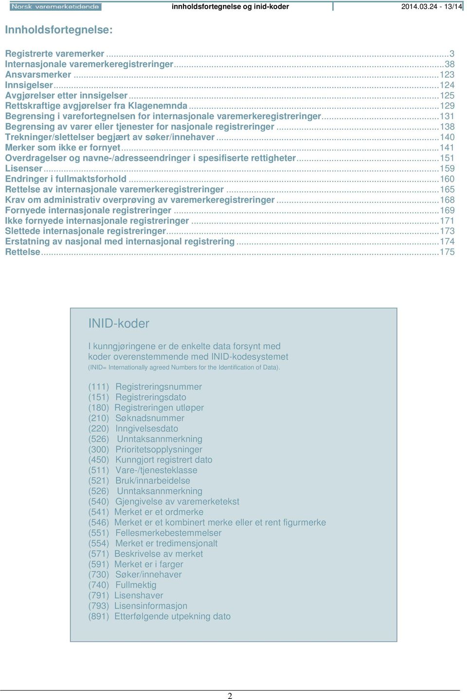 .. 131 Begrensing av varer eller tjenester for nasjonale registreringer... 138 Trekninger/slettelser begjært av søker/innehaver... 140 Merker som ikke er fornyet.