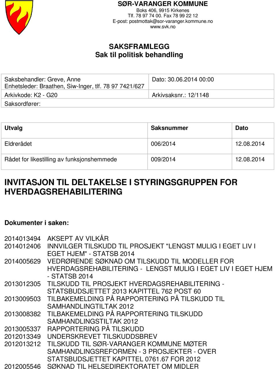 : 12/1148 Saksordfører: Utvalg Saksnummer Dato Eldrerådet 006/2014 12.08.