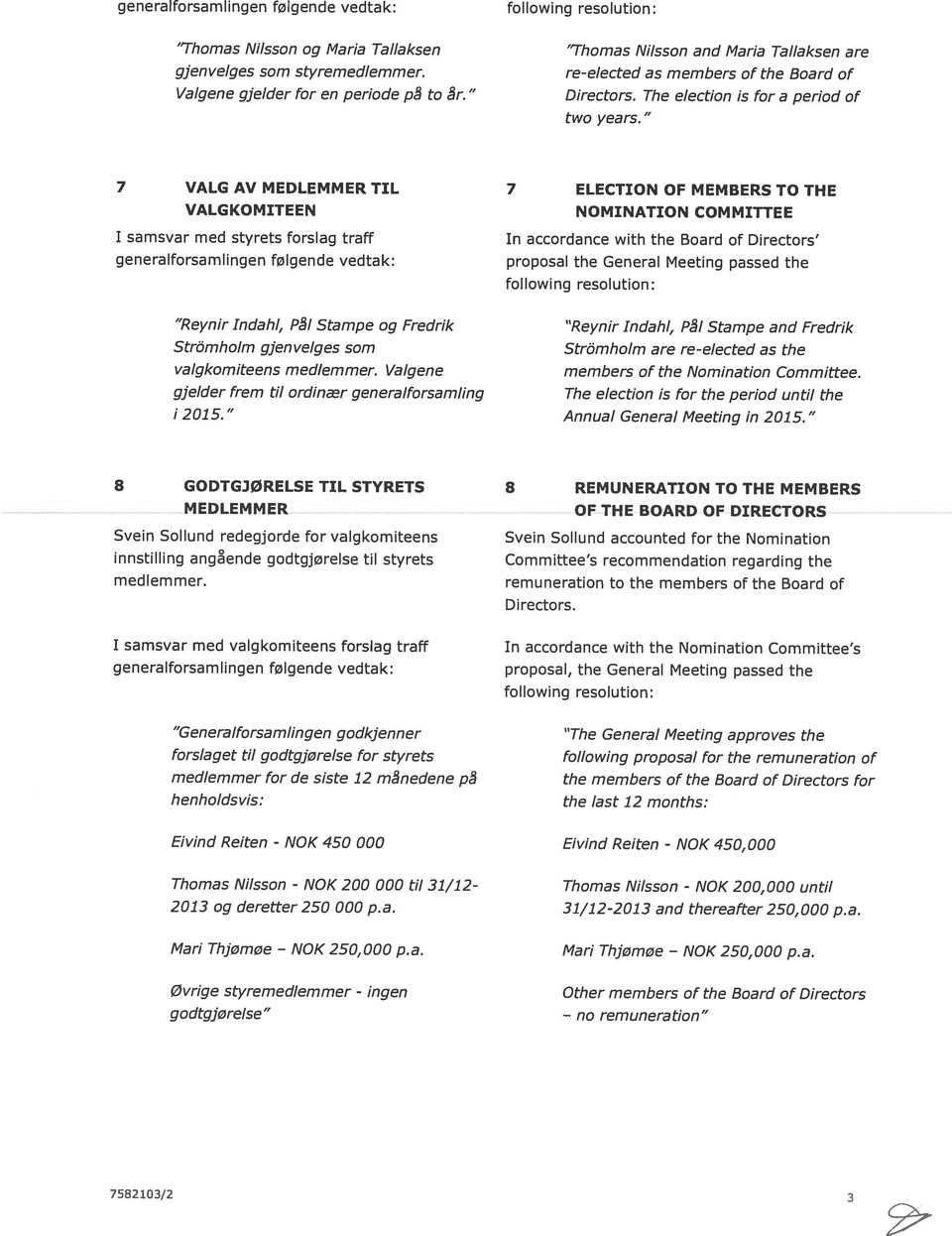 The election is for a period of re-elected as members of the Board of øvrige styremedlemmer - godtgjørelse 2013 og deretter 250 000 p.a. Thomas Nilsson - henholdsvis: forslaget til godtgjørelse for styrets medlemmer for de siste 12 månedene på Generalforsamlingen godkjenner medlemmer.