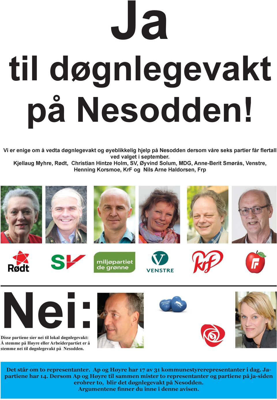 lokal døgnlegevakt: Å stemme på Høyre eller Arbeiderpartiet er å stemme nei til døgnlegevakt på Nesodden. Det står om to representanter.