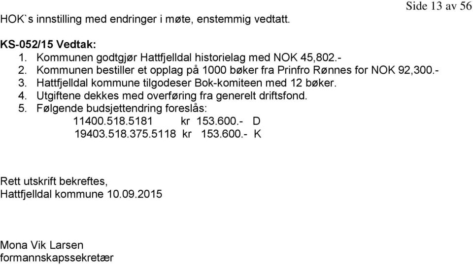 Kommunen bestiller et opplag på 1000 bøker fra Prinfro Rønnes for NOK 92,300.- 3.