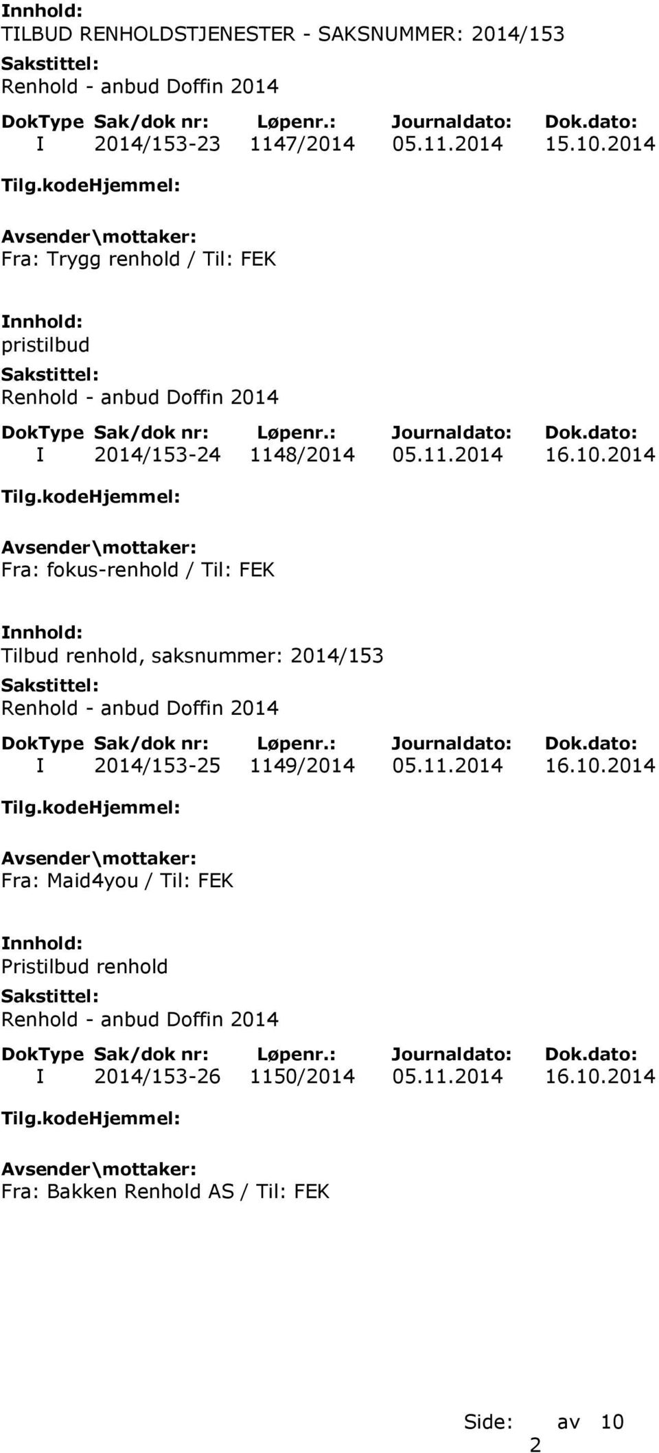 2014 Fra: fokus-renhold / Til: FEK Tilbud renhold, saksnummer: 2014/153 I 2014/153-25 1149/2014 05.11.2014 16.