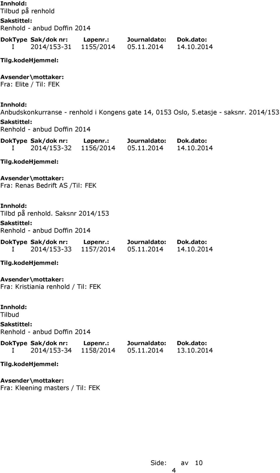 2014/153 I 2014/153-32 1156/2014 05.11.2014 14.10.2014 Fra: Renas Bedrift AS /Til: FEK Tilbd på renhold.