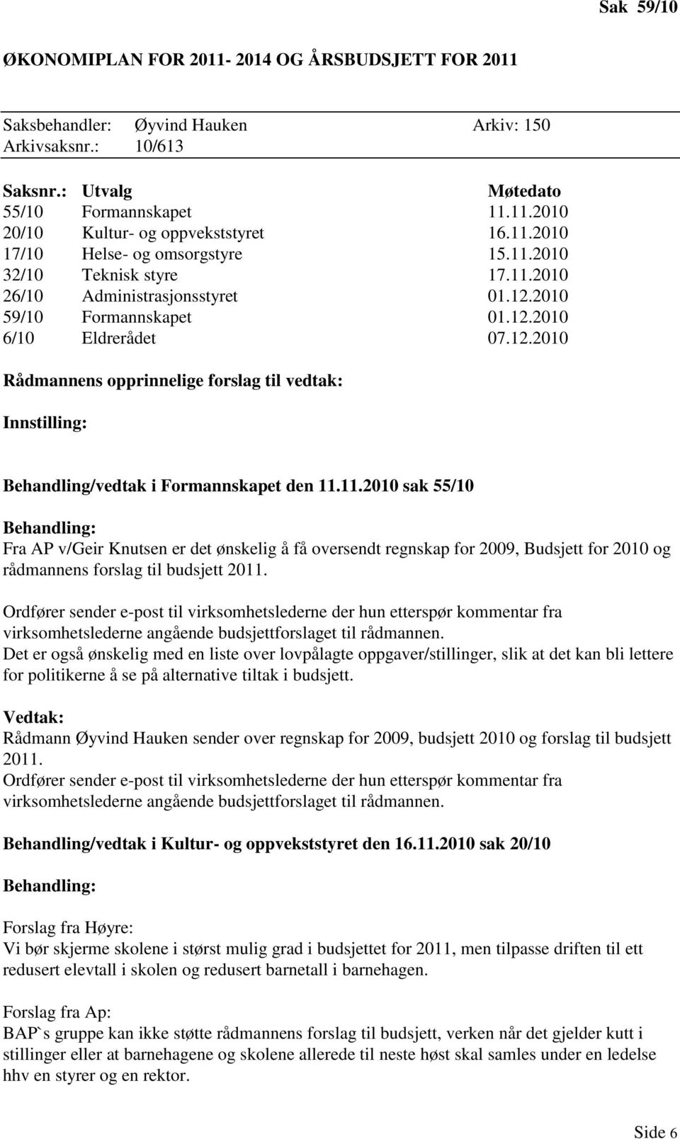 Ordfører sender e-post til virksomhetslederne der hun etterspør kommentar fra virksomhetslederne angående budsjettforslaget til rådmannen.