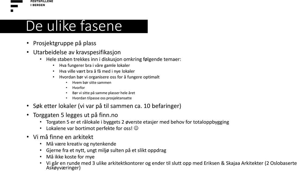 var på til sammen ca. 10 befaringer) Torggaten 5 legges ut på finn.no Torgaten 5 er et rålokale i byggets 2 øverste etasjer med behov for totaloppbygging Lokalene var bortimot perfekte for oss!