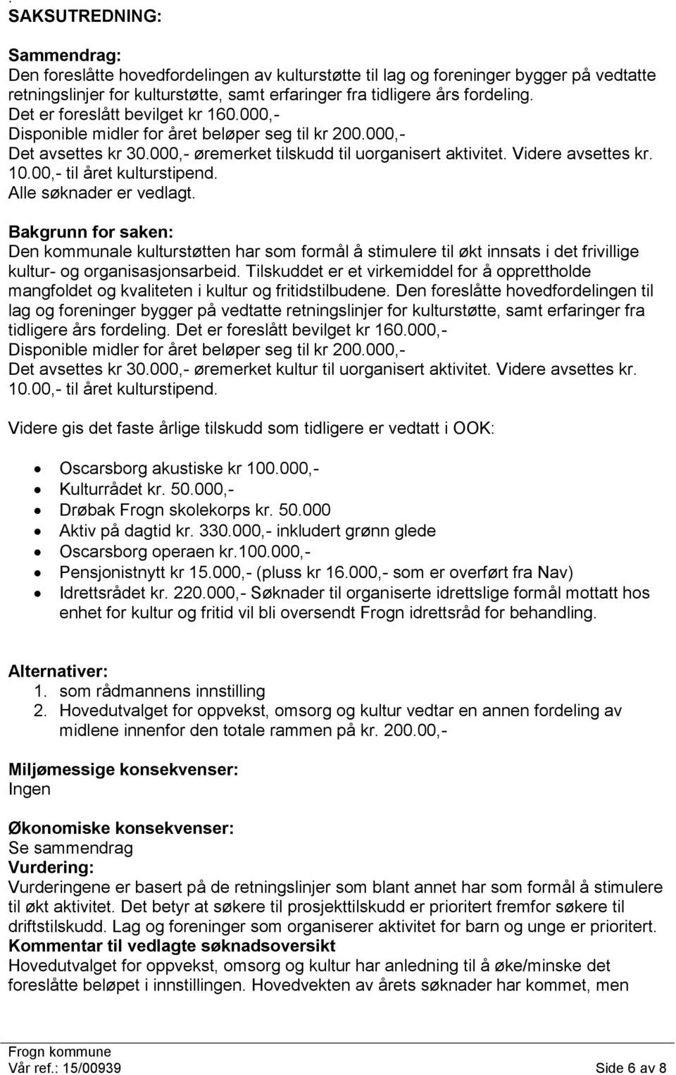 00,- til året kulturstipend. Alle søknader er vedlagt. Bakgrunn for saken: Den kommunale kulturstøtten har som formål å stimulere til økt innsats i det frivillige kultur- og organisasjonsarbeid.