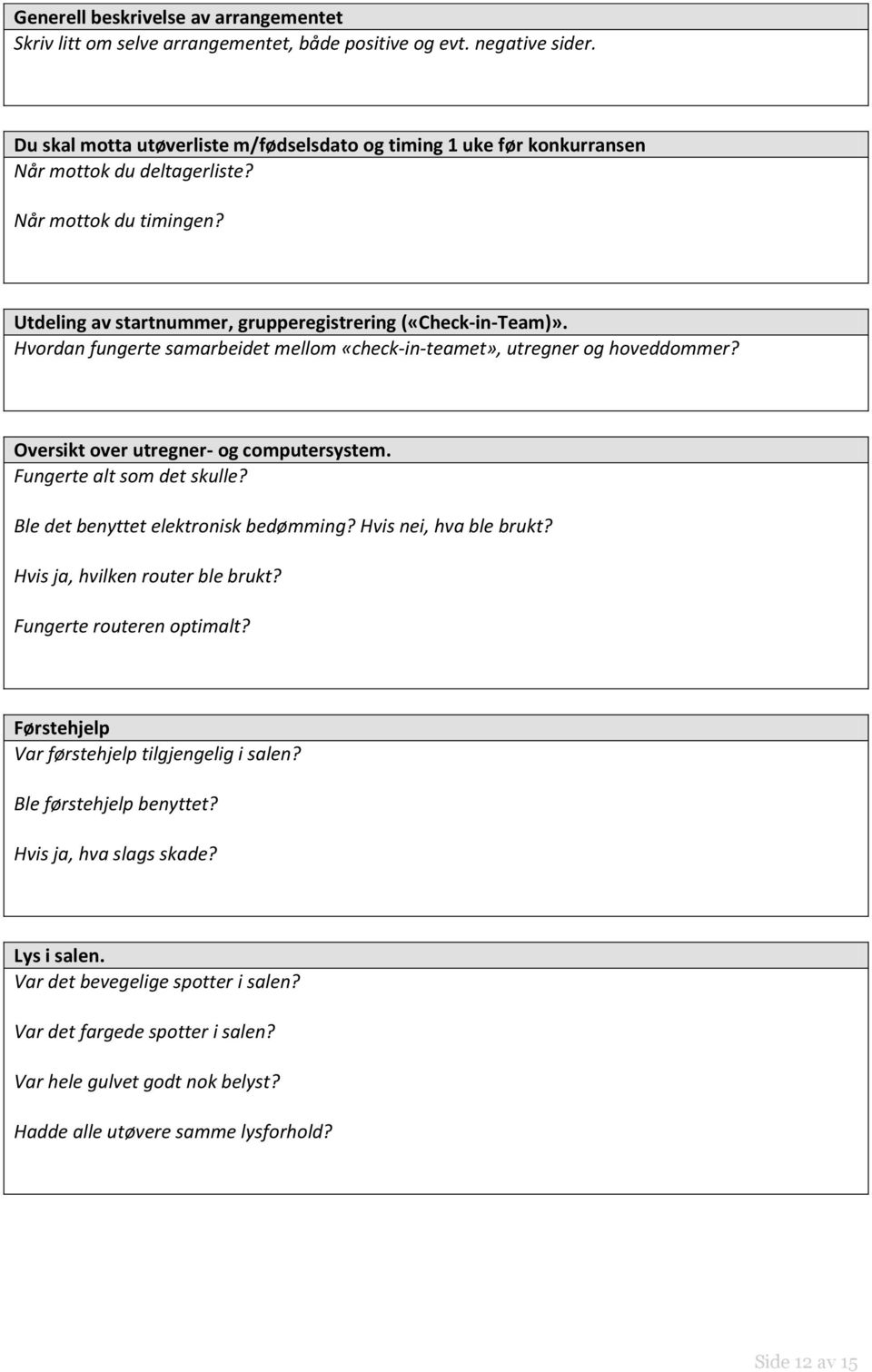 Hvordan fungerte samarbeidet mellom «check-in-teamet», utregner og hoveddommer? Oversikt over utregner- og computersystem. Fungerte alt som det skulle? Ble det benyttet elektronisk bedømming?