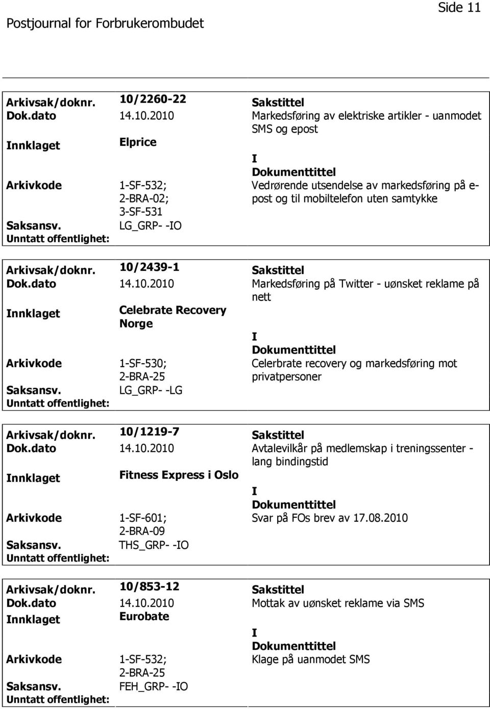 2010 Markedsføring av elektriske artikler - uanmodet SMS og epost nnklaget Elprice 1-SF-532; 2-BRA-02; 3-SF-531 LG_GRP- -O Vedrørende utsendelse av markedsføring på e- post og til mobiltelefon uten