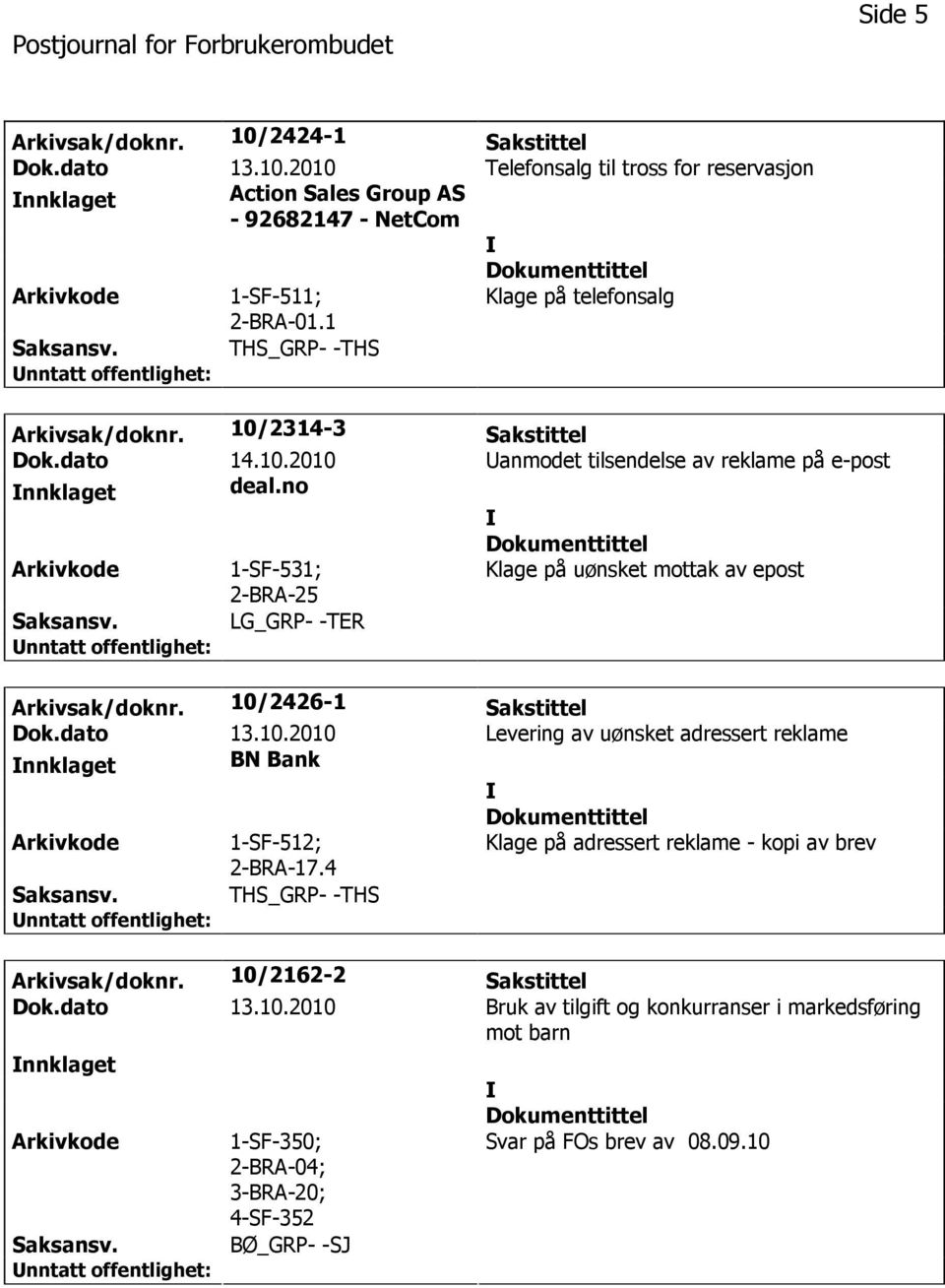 no 1-SF-531; Klage på uønsket mottak av epost LG_GRP- -TER Arkivsak/doknr. 10/2426-1 Sakstittel Dok.dato 13.10.2010 Levering av uønsket adressert reklame nnklaget BN Bank 1-SF-512; 2-BRA-17.