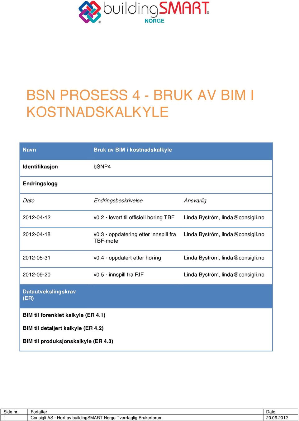 no 2012-05-31 v0.4 - oppdatert etter høring Linda Byström, linda@consigli.no 2012-09-20 v0.5 - innspill fra RIF Linda Byström, linda@consigli.