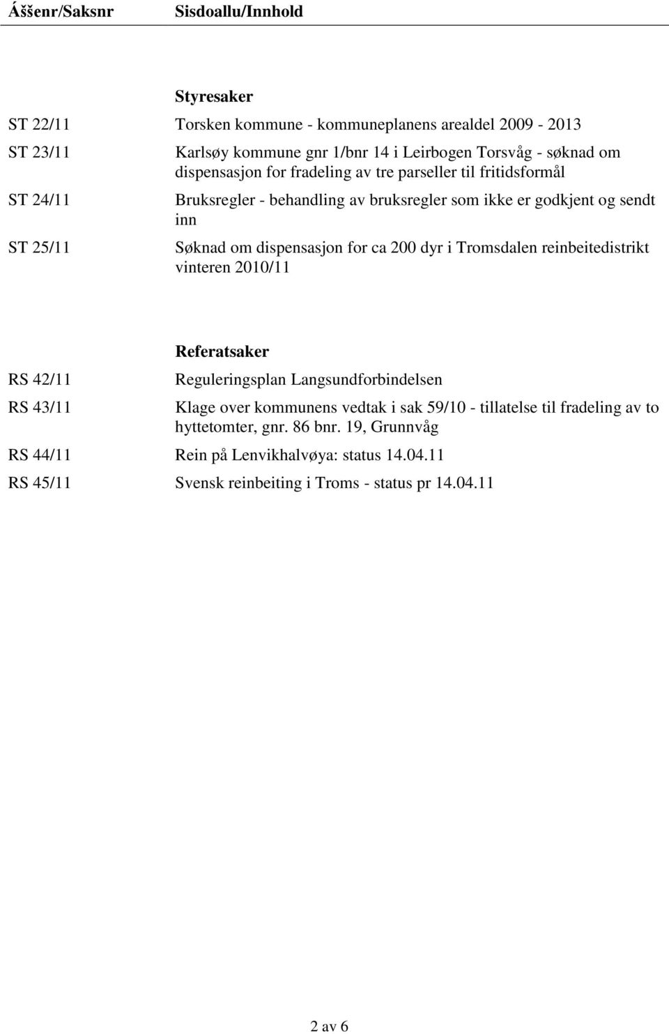 dispensasjon for ca 200 dyr i Tromsdalen reinbeitedistrikt vinteren 2010/11 RS 42/11 RS 43/11 Referatsaker Reguleringsplan Langsundforbindelsen Klage over kommunens vedtak i