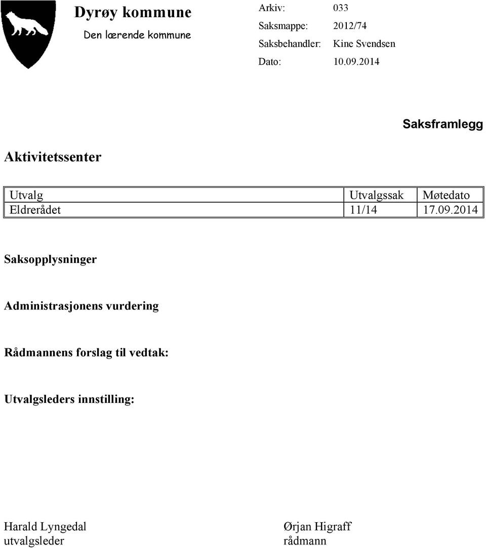 2014 Saksframlegg Aktivitetssenter Utvalg Utvalgssak Møtedato Eldrerådet 11/14 17.09.