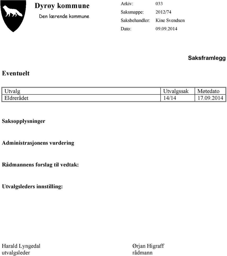 09.2014 Saksframlegg Eventuelt Utvalg Utvalgssak Møtedato Eldrerådet 14/14 17.09.2014