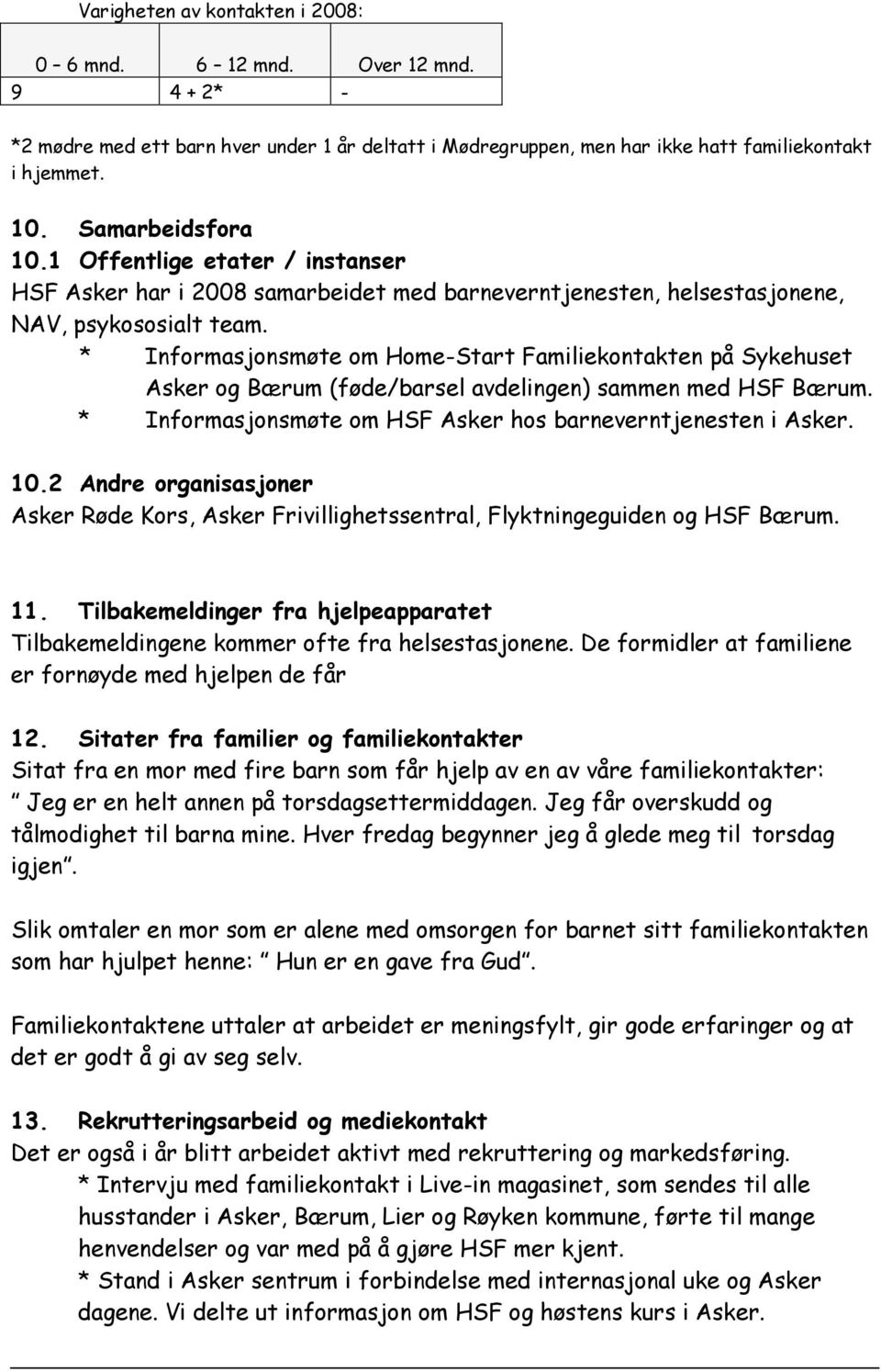 * Informasjonsmøte om Home-Start Familiekontakten på Sykehuset Asker og Bærum (føde/barsel avdelingen) sammen med HSF Bærum. * Informasjonsmøte om HSF Asker hos barneverntjenesten i Asker. 10.