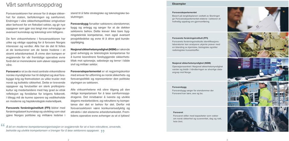 De fem virksomhetene i forsvarssektoren har ulike og viktige oppdrag for å forsvare Norges interesser og verdier.