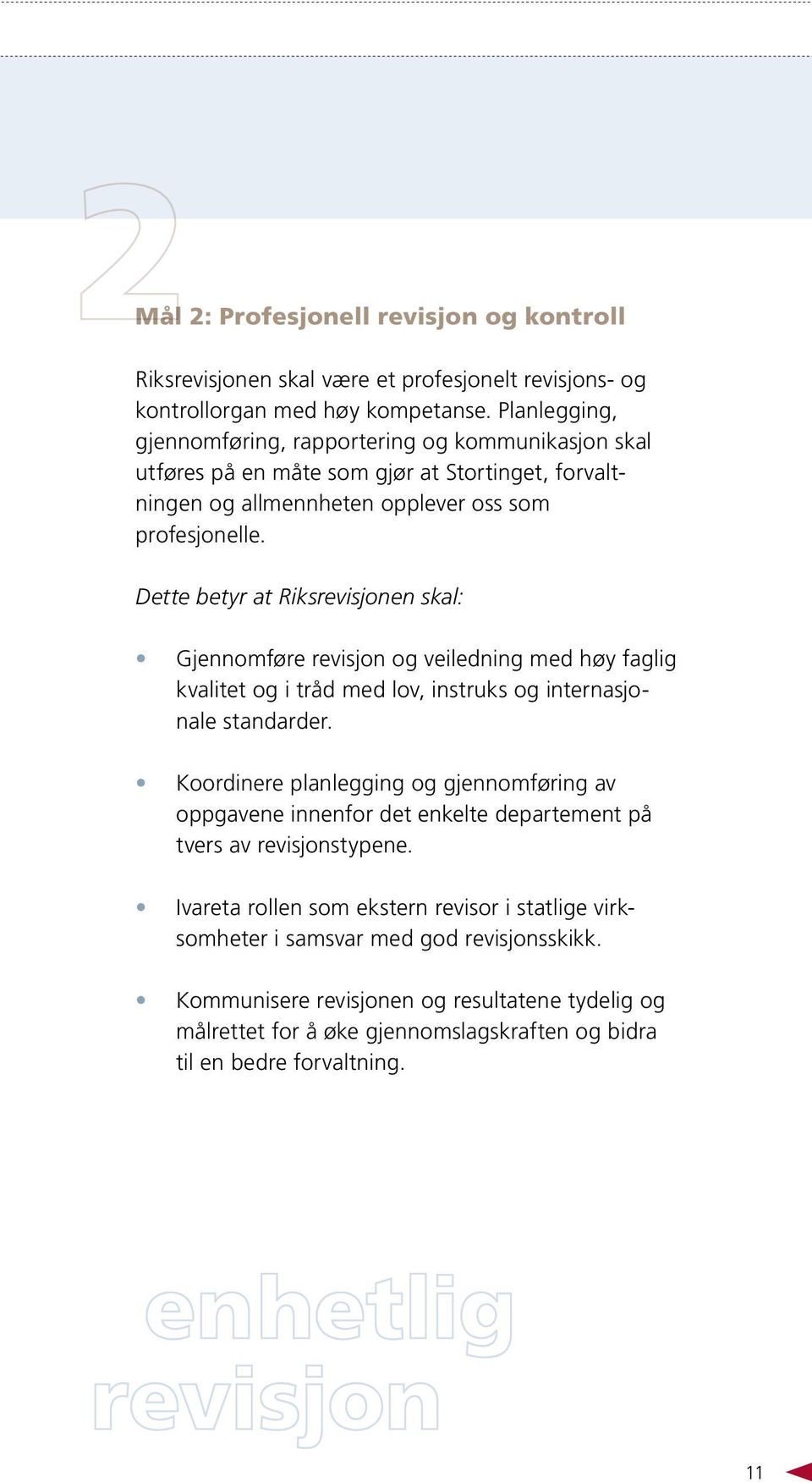 Dette betyr at Riksrevisjonen skal: Gjennomføre revisjon og veiledning med høy faglig kvalitet og i tråd med lov, instruks og internasjonale standarder.