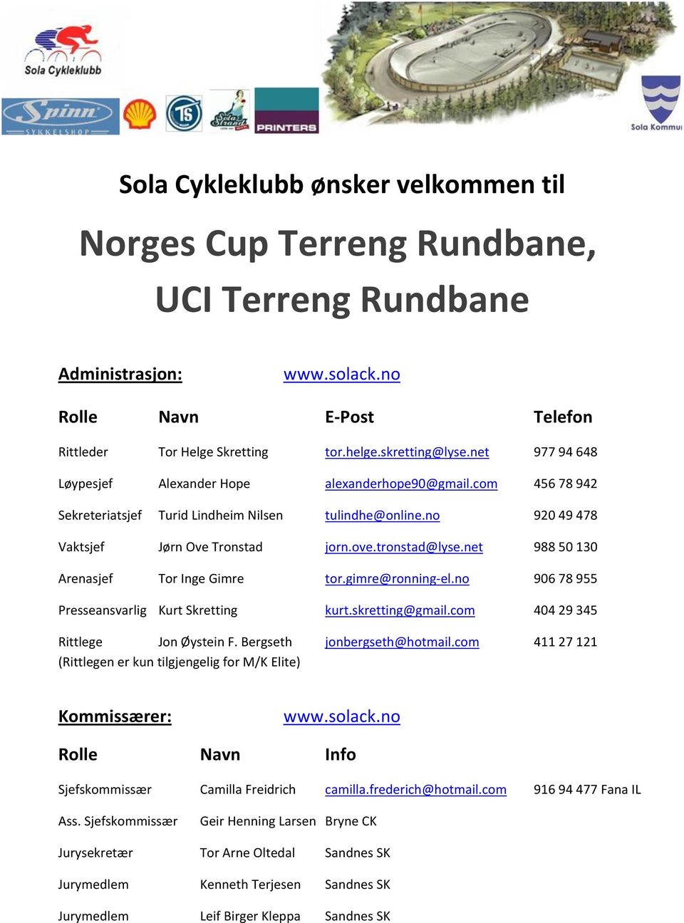 net 988 50 130 Arenasjef Tor Inge Gimre tor.gimre@ronning- el.no 906 78 955 Presseansvarlig Kurt Skretting kurt.skretting@gmail.com 404 29 345 Rittlege Jon Øystein F. Bergseth jonbergseth@hotmail.