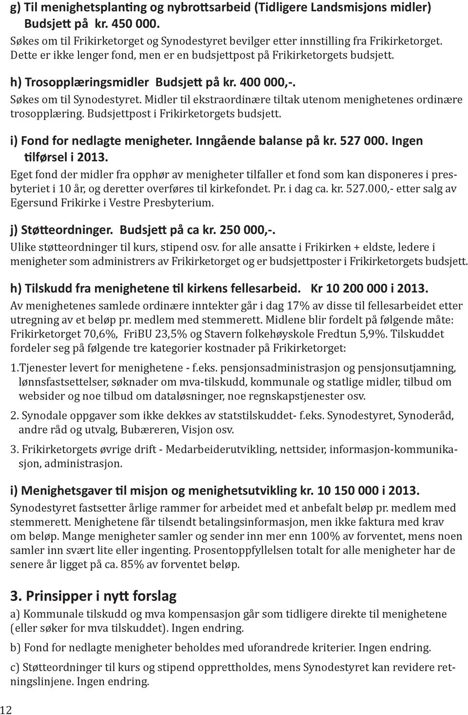 Midler til ekstraordinære tiltak utenom menighetenes ordinære trosopplæring. Budsjettpost i Frikirketorgets budsjett. i) Fond for nedlagte menigheter. Inngående balanse på kr. 527 000.