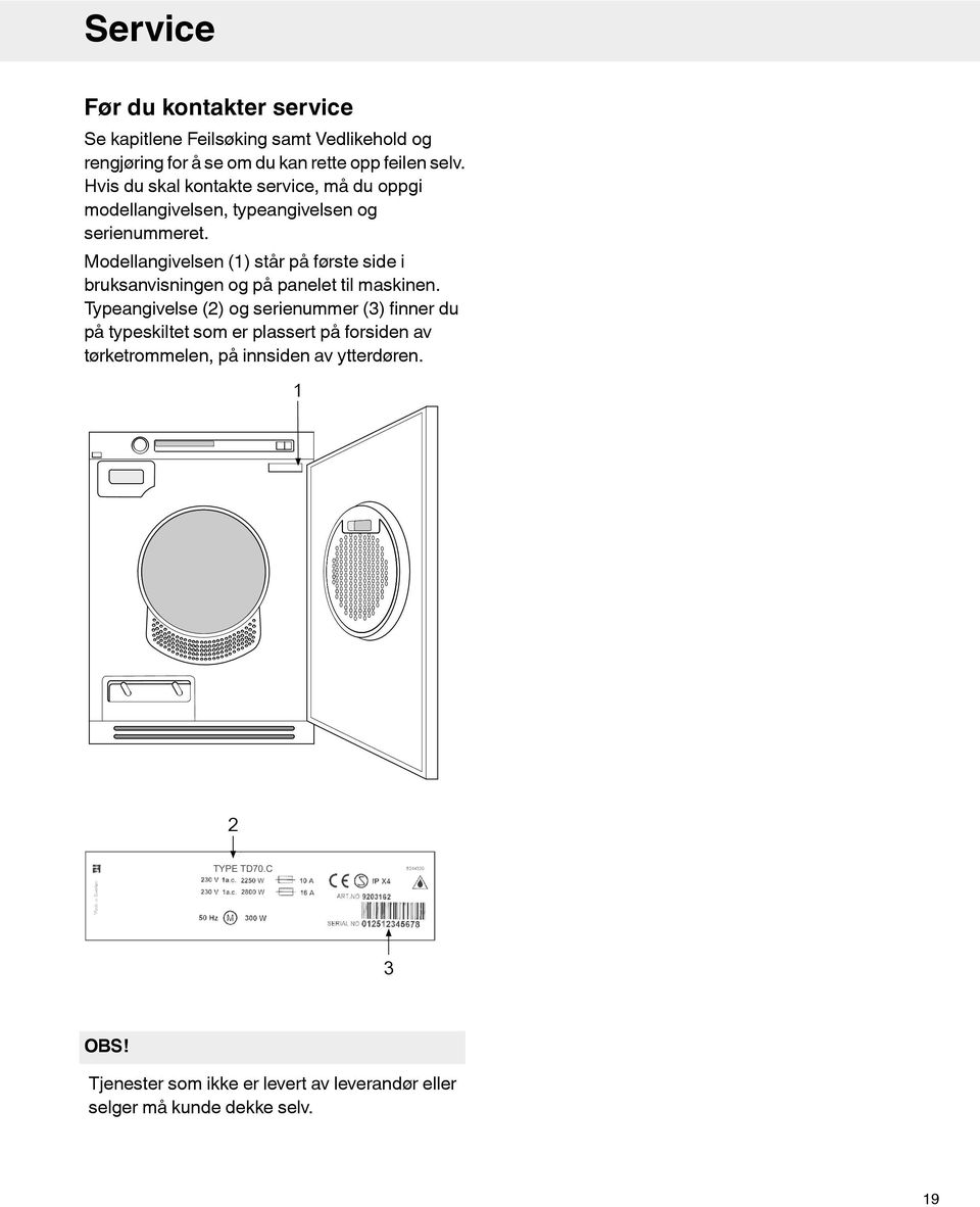Modellangivelsen (1) står på første side i bruksanvisningen og på panelet til maskinen.
