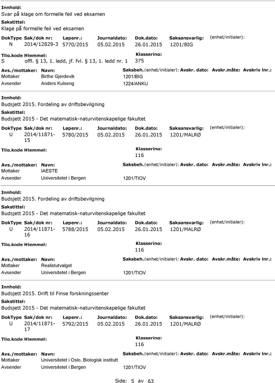 /mottaker: avn: aksbeh. Avskr. dato: Avskr.måte: Avskriv lnr.: Mottaker AEE niversitetet i Bergen 1201/TOV Budsjett 2015.