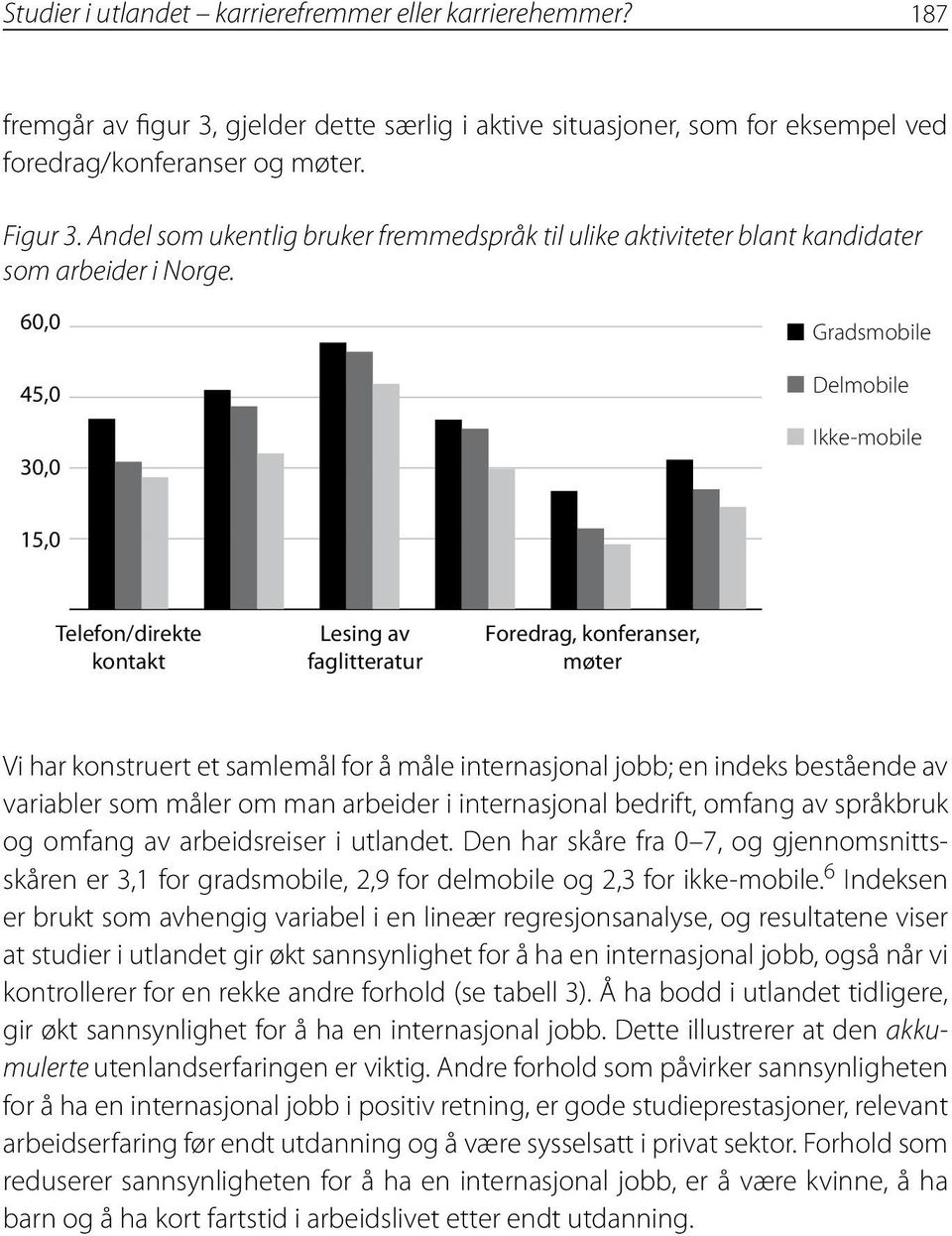 60,0 45,0 30,0 Gradsmobile Delmobile Ikke-mobile 15,0 Telefon/direkte kontakt Lesing av faglitteratur Foredrag, konferanser, møter Vi har konstruert et samlemål for å måle internasjonal jobb; en