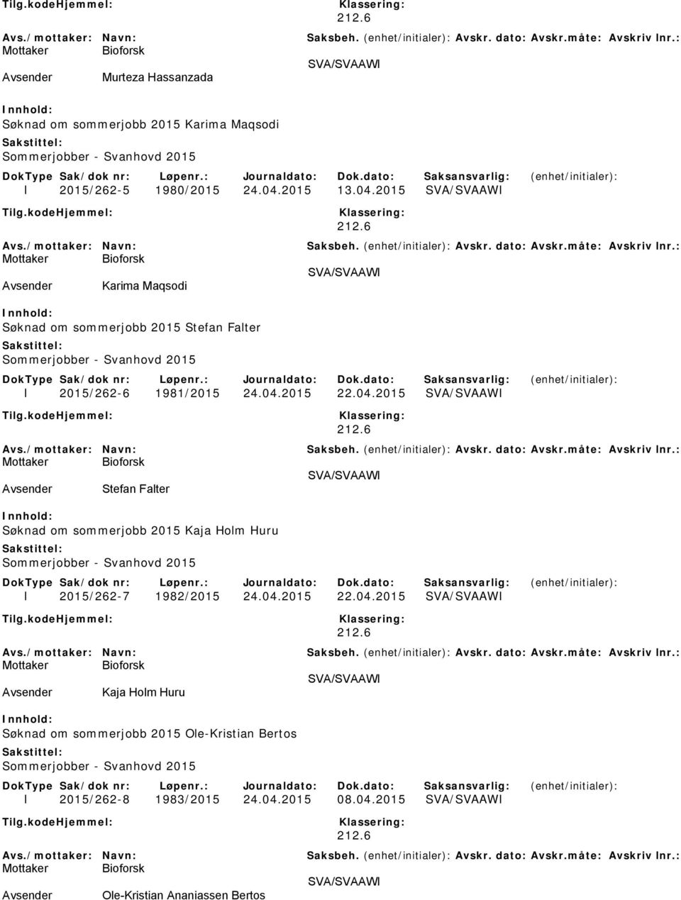 04.2015 22.04.2015 Avsender Kaja Holm Huru Søknad om sommerjobb 2015 Ole-Kristian Bertos I 2015/262-8 1983/2015 24.04.2015 08.