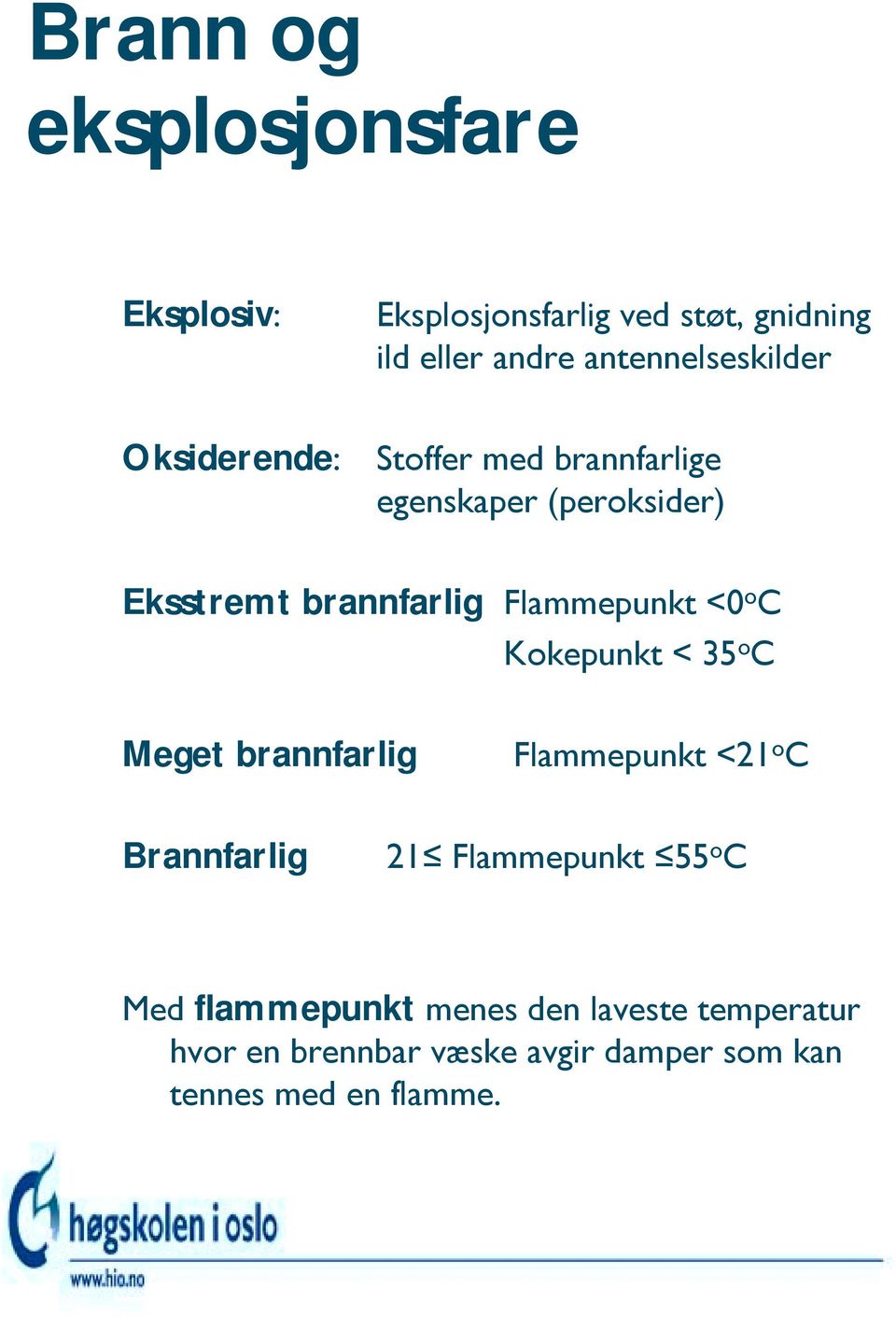 Flammepunkt <0 o C Kokepunkt < 35 o C Meget brannfarlig Flammepunkt <21 o C Brannfarlig 21 Flammepunkt