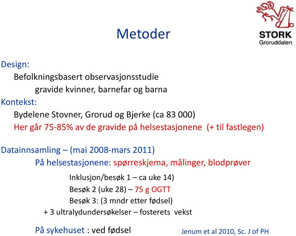 mars 2011) På helsestasjonene: spørreskjema, målinger, blodprøver Inklusjon/besøk 1 ca uke 14) Besøk 2 (uke 28) 75 g OGTT