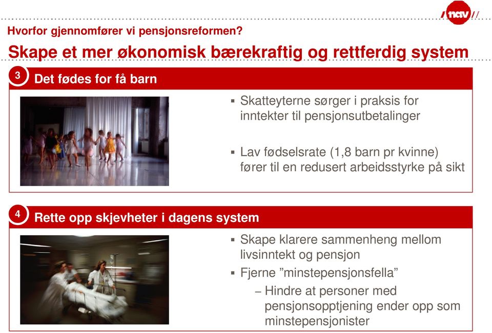 inntekter til pensjonsutbetalinger Lav fødselsrate (1,8 barn pr kvinne) fører til en redusert arbeidsstyrke på sikt 4