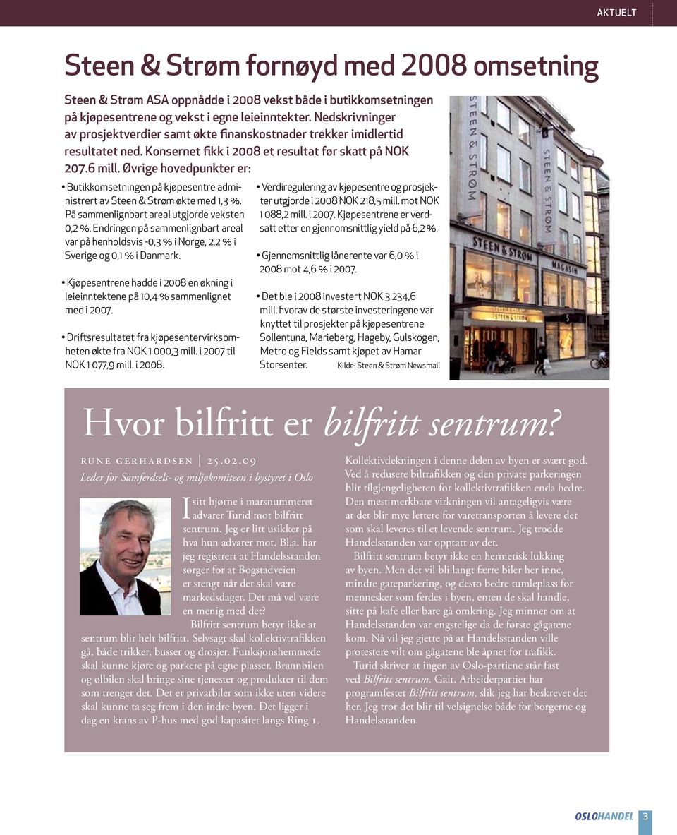 Øvrige hovedpunkter er: Butikkomsetningen på kjøpesentre administrert av Steen & Strøm økte med 1,3 %. På sammenlignbart areal utgjorde veksten 0,2 %.