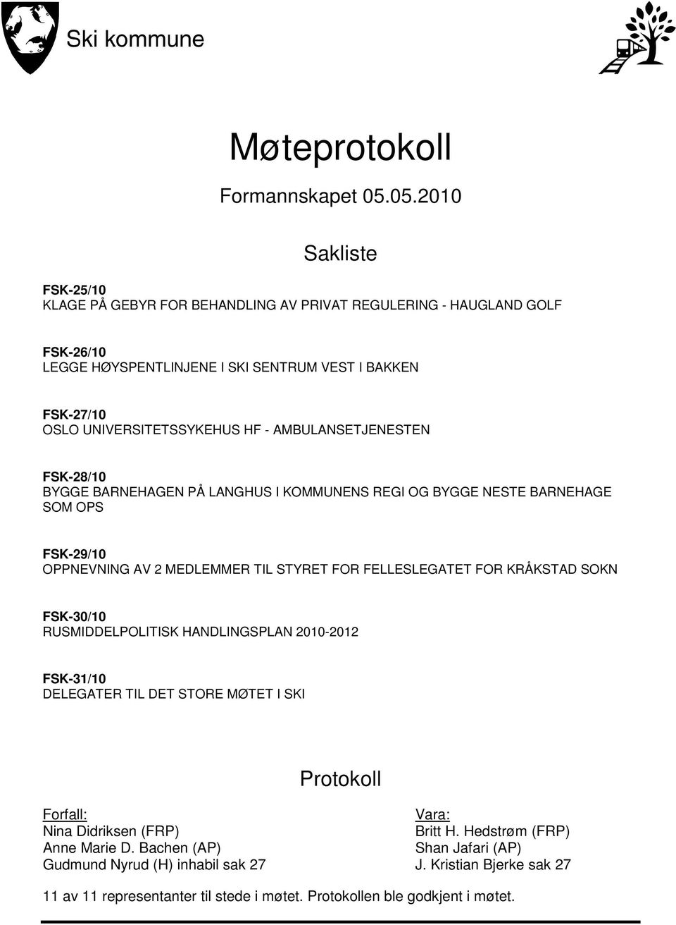 HF - AMBULANSETJENESTEN FSK-28/10 BYGGE BARNEHAGEN PÅ LANGHUS I KOMMUNENS REGI OG BYGGE NESTE BARNEHAGE SOM OPS FSK-29/10 OPPNEVNING AV 2 MEDLEMMER TIL STYRET FOR FELLESLEGATET FOR KRÅKSTAD