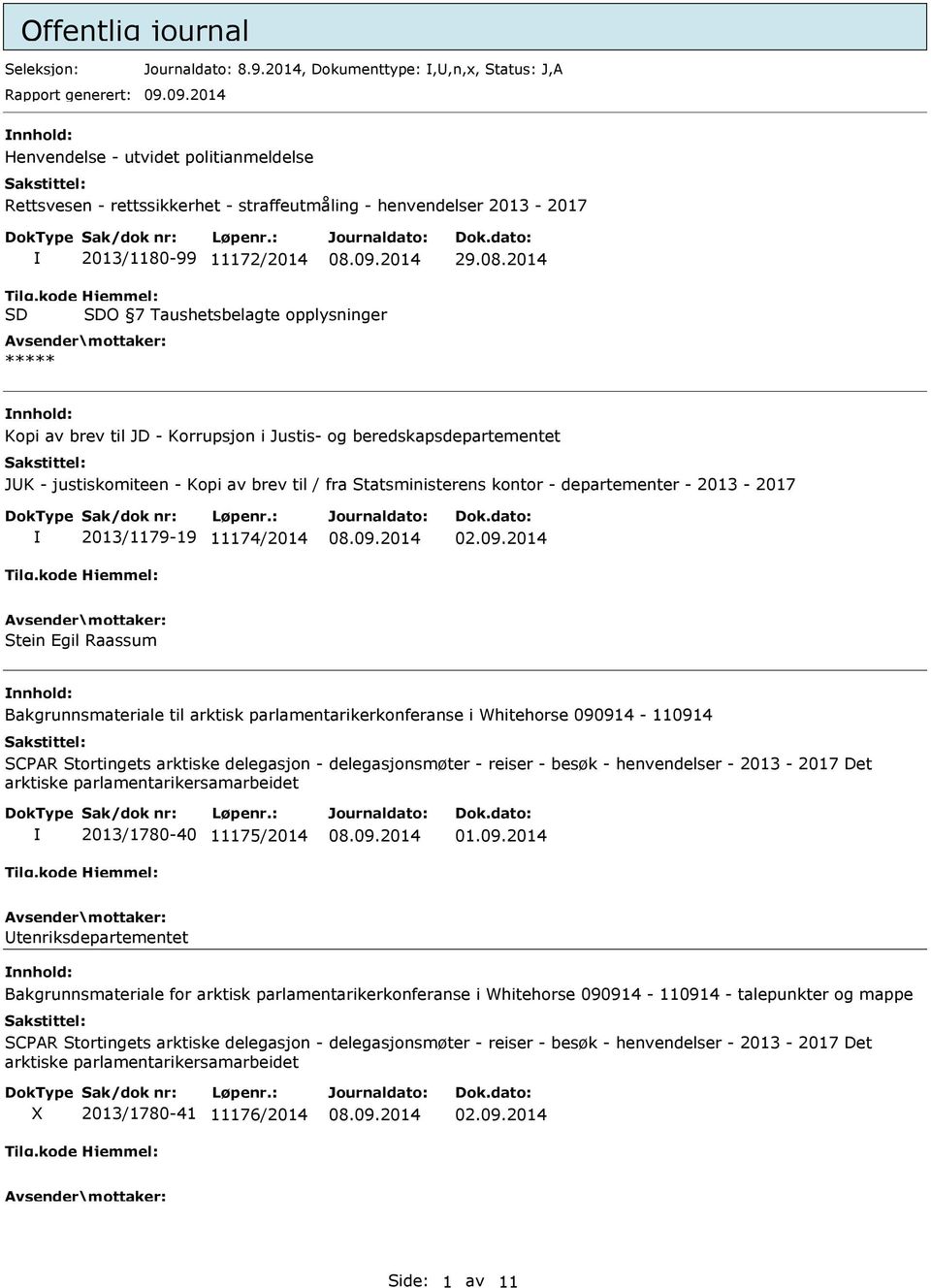 kode SD Hjemmel: SDO 7 Taushetsbelagte opplysninger ***** Kopi av brev til JD - Korrupsjon i Justis- og beredskapsdepartementet JK - justiskomiteen - Kopi av brev til / fra Statsministerens kontor -