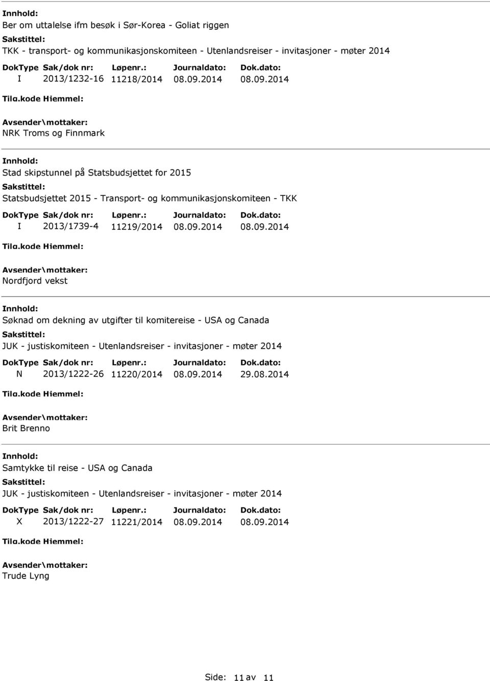 11219/2014 Nordfjord vekst Søknad om dekning av utgifter til komitereise - SA og Canada JK - justiskomiteen - tenlandsreiser - invitasjoner - møter 2014 N