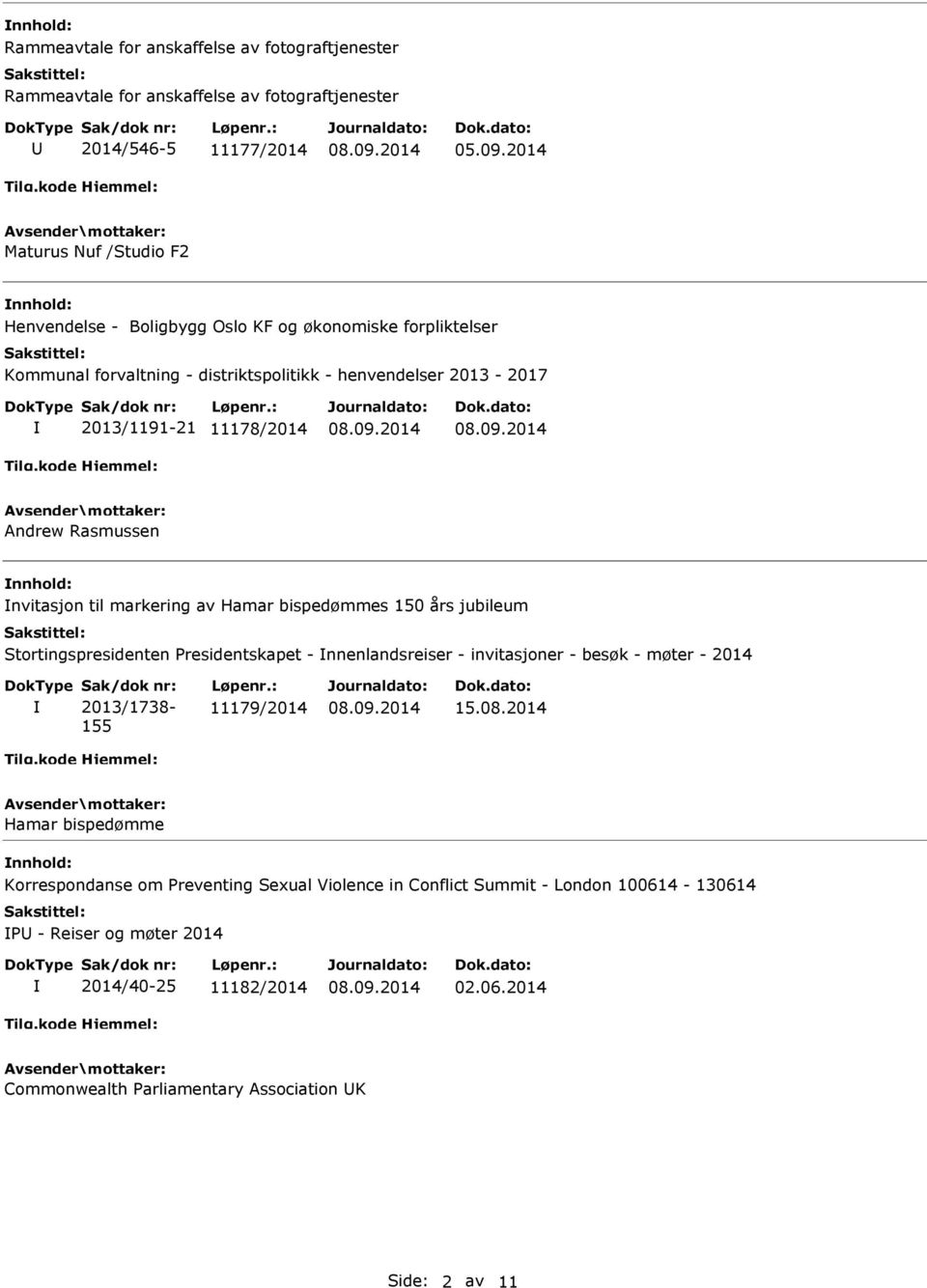 2013/1191-21 11178/2014 Andrew Rasmussen nvitasjon til markering av Hamar bispedømmes 150 års jubileum Stortingspresidenten Presidentskapet -