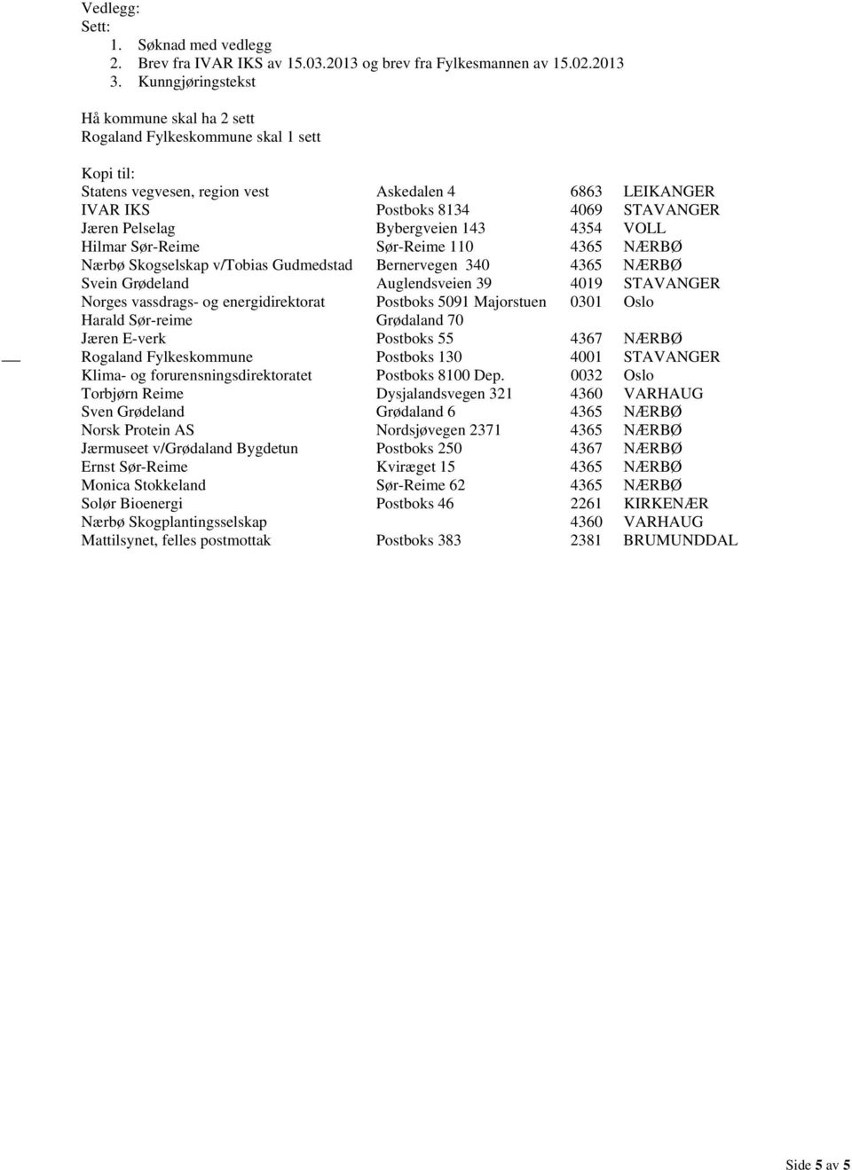 Bybergveien 143 4354 VOLL Hilmar Sør-Reime Sør-Reime 110 4365 NÆRBØ Nærbø Skogselskap v/tobias Gudmedstad Bernervegen 340 4365 NÆRBØ Svein Grødeland Auglendsveien 39 4019 STAVANGER Norges vassdrags-