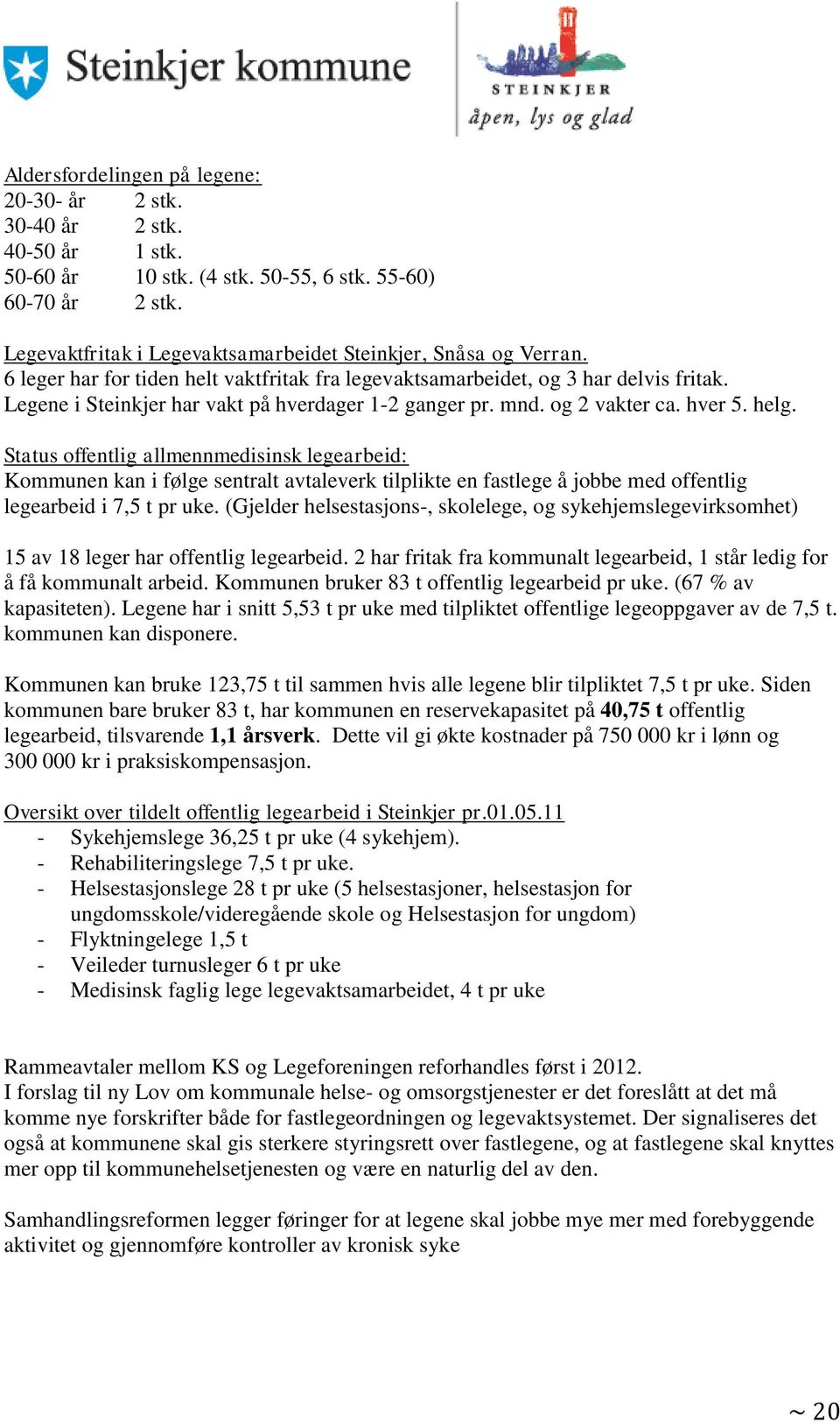 Legene i Steinkjer har vakt på hverdager 1-2 ganger pr. mnd. og 2 vakter ca. hver 5. helg.