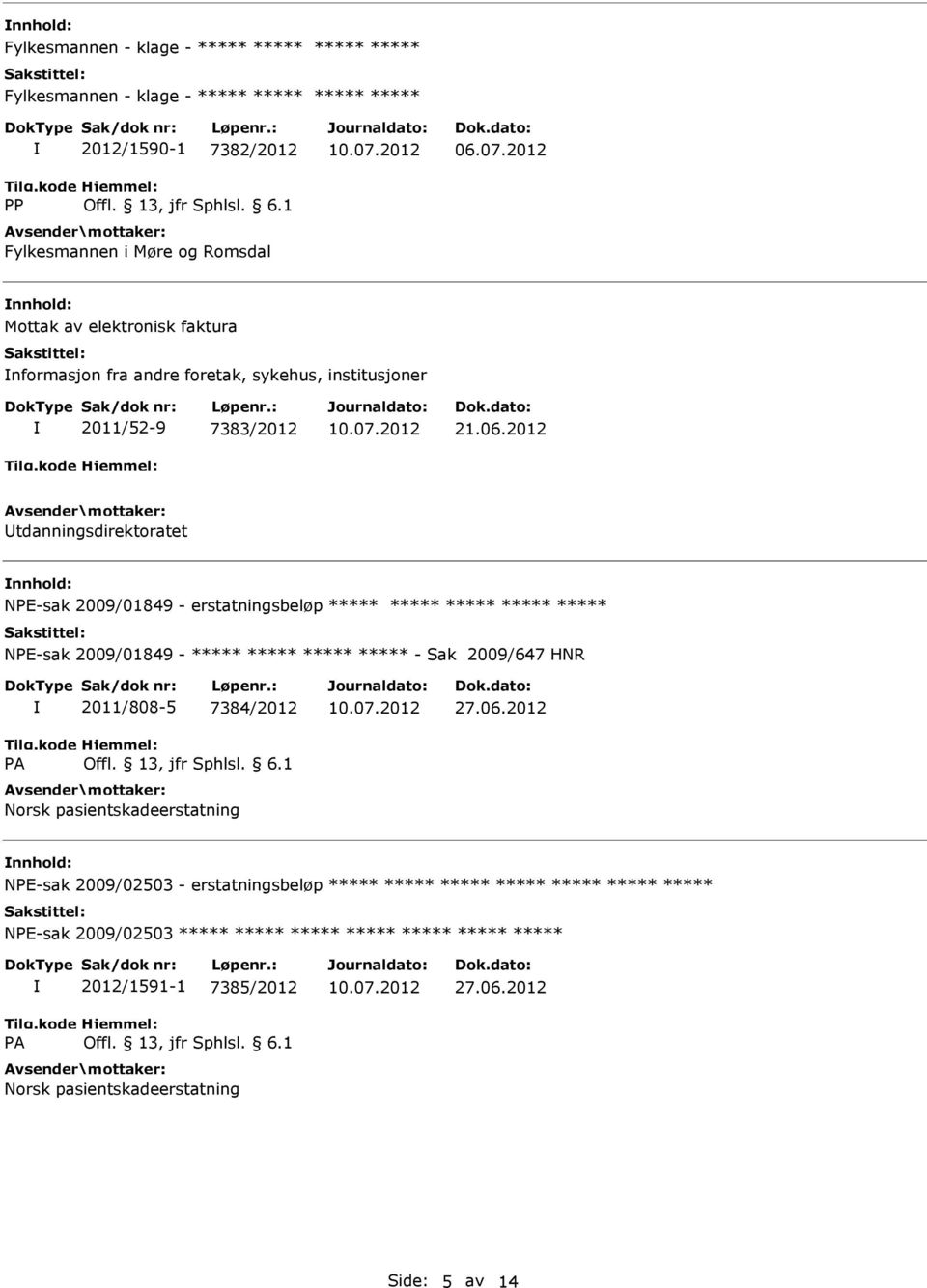 2012 tdanningsdirektoratet nnhold: NE-sak 2009/01849 - erstatningsbeløp NE-sak 2009/01849 - - Sak 2009/647 HNR 2011/808-5 7384/2012